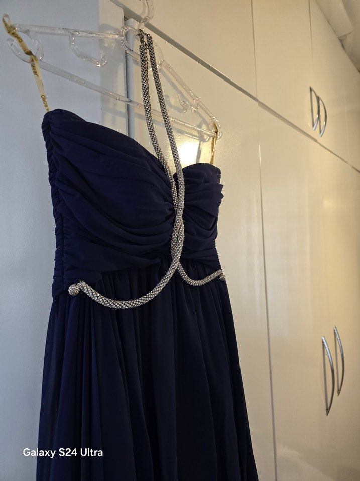 Lacivert Uzun Drapeli Straplez Abiye Elbise - Görsel 2