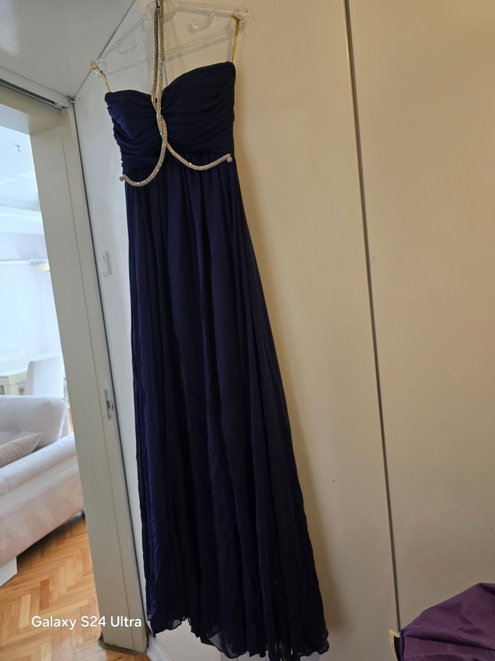 Lacivert Uzun Drapeli Straplez Abiye Elbise - Görsel 3