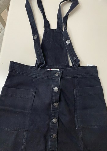 Düğmeli Siyah Denim Kısa Salopet