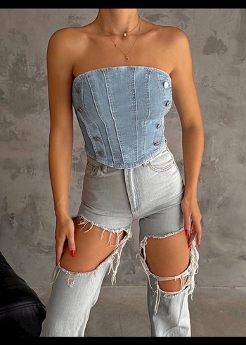 Düğmeli Straplez Kısa Denim Bustiyer 2 adet