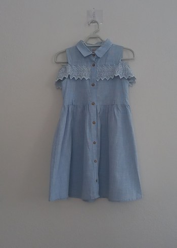 Kolsuz Fırfırlı Denim Kız Elbisesi