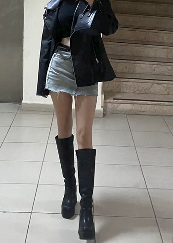 37 Beden Siyah Deri Stiletto Topuklu Diz Boyu Kadın Çizme