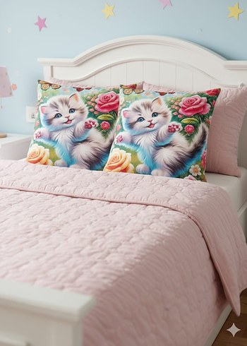 Çiçek Desenli Renkli Kedi Baskılı Kırlent - Görsel 4