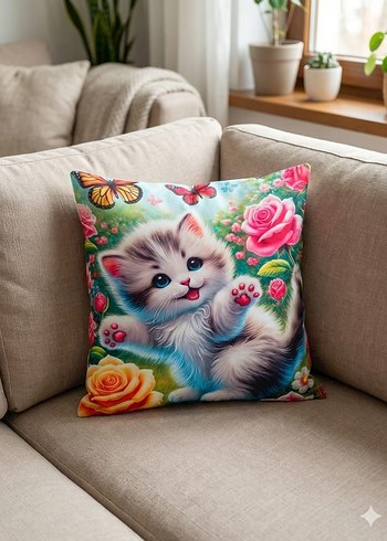 Çiçek Desenli Renkli Kedi Baskılı Kırlent - Görsel 2