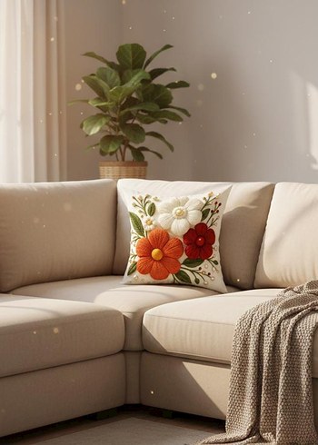 Pastel Çiçek Desenli Bej Dekoratif Yastık - Görsel 4