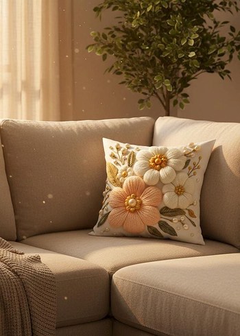 Pastel Çiçek Desenli Bej Dekoratif Yastık - Görsel 3