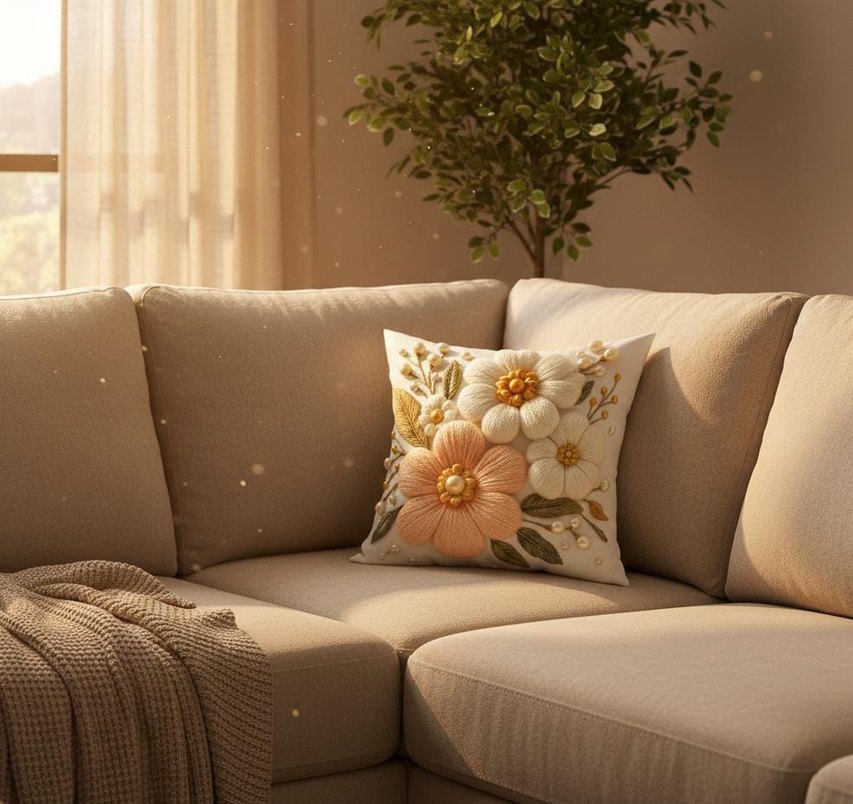Pastel Çiçek Desenli Bej Dekoratif Yastık - Görsel 3