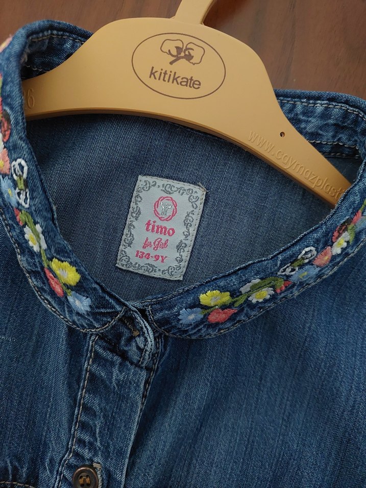 Nakışlı, Düğmeli, Kolsuz Denim Elbise - Görsel 2