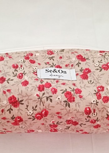 Beden Bej Vintage Desenli Fermuarlı Kadın Makyaj Çantası