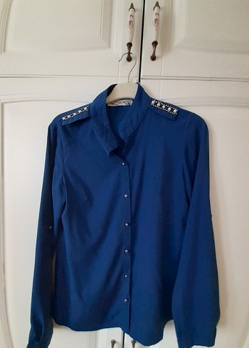 Düğmeli Lacivert Denim Kadın Gömlek