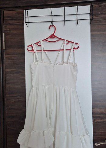 Beyaz İnce Askılı Mini Mezuniyet Elbisesi - Görsel 3