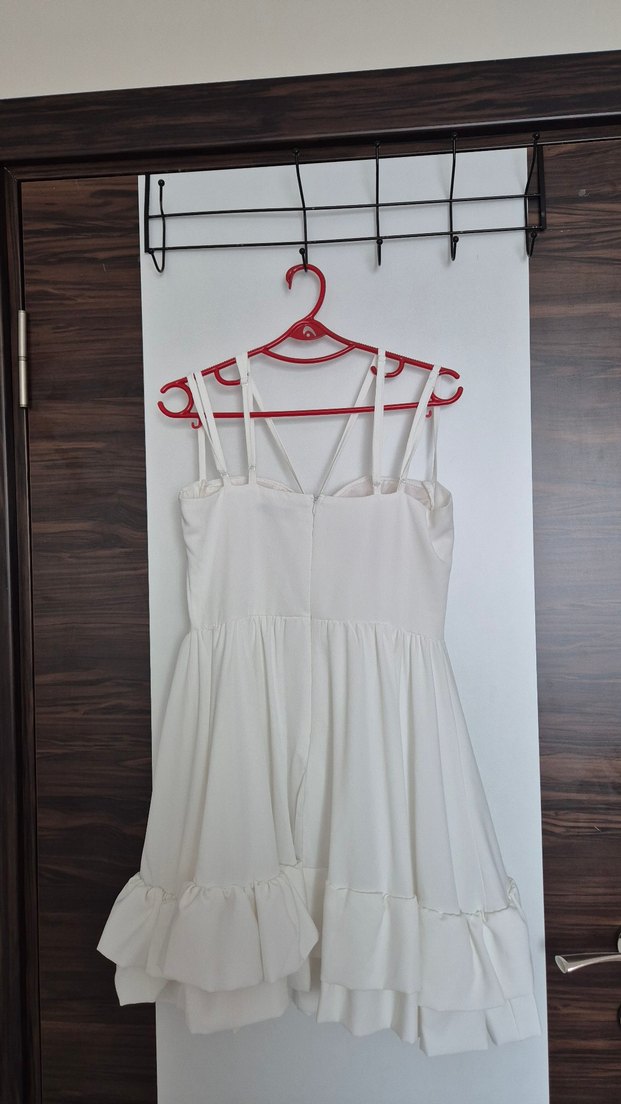 Beyaz İnce Askılı Mini Mezuniyet Elbisesi - Görsel 3