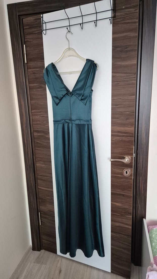 Uzun Turkuaz Drapeli Abiye Elbise - Görsel 3