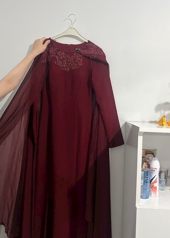 Bordo Uzun Kollu Drapeli Abiye Elbise