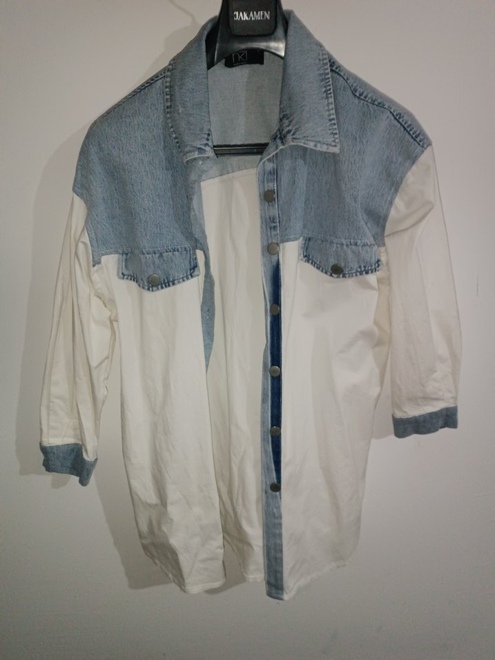 Düğmeli Beyaz Mavi Denim Ceket - Görsel 2