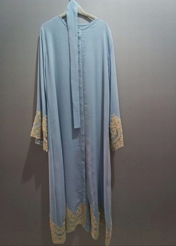 Nakışlı Uzun Mavi Bohem Elbise abaya