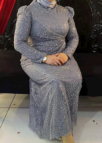 Gri Uzun Kollu Abiye Elbise 48 beden şalı yanında hediye - Görsel 2