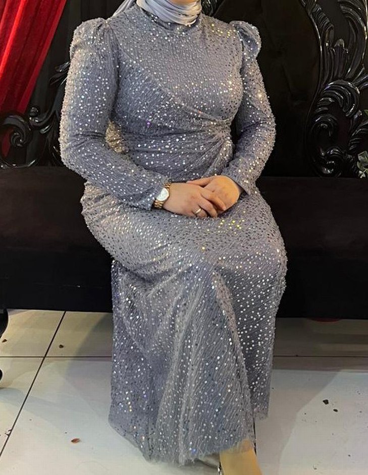 Gri Uzun Kollu Abiye Elbise 48 beden şalı yanında hediye - Görsel 2