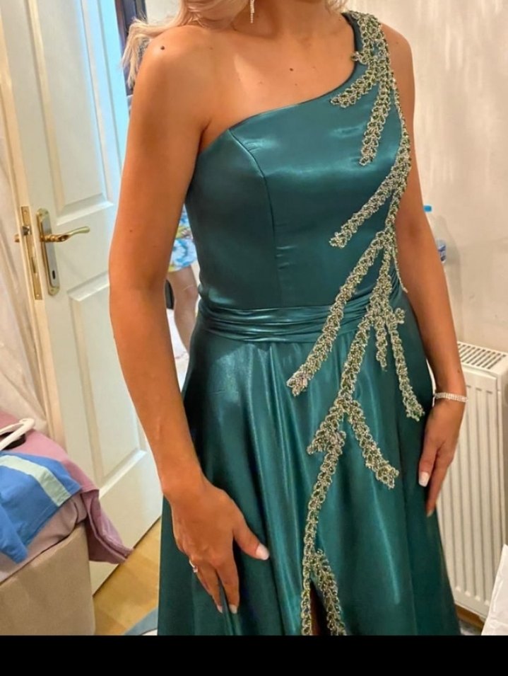 İşlemeli Boncuklu Yeşil Uzun Abiye Elbise - Görsel 2