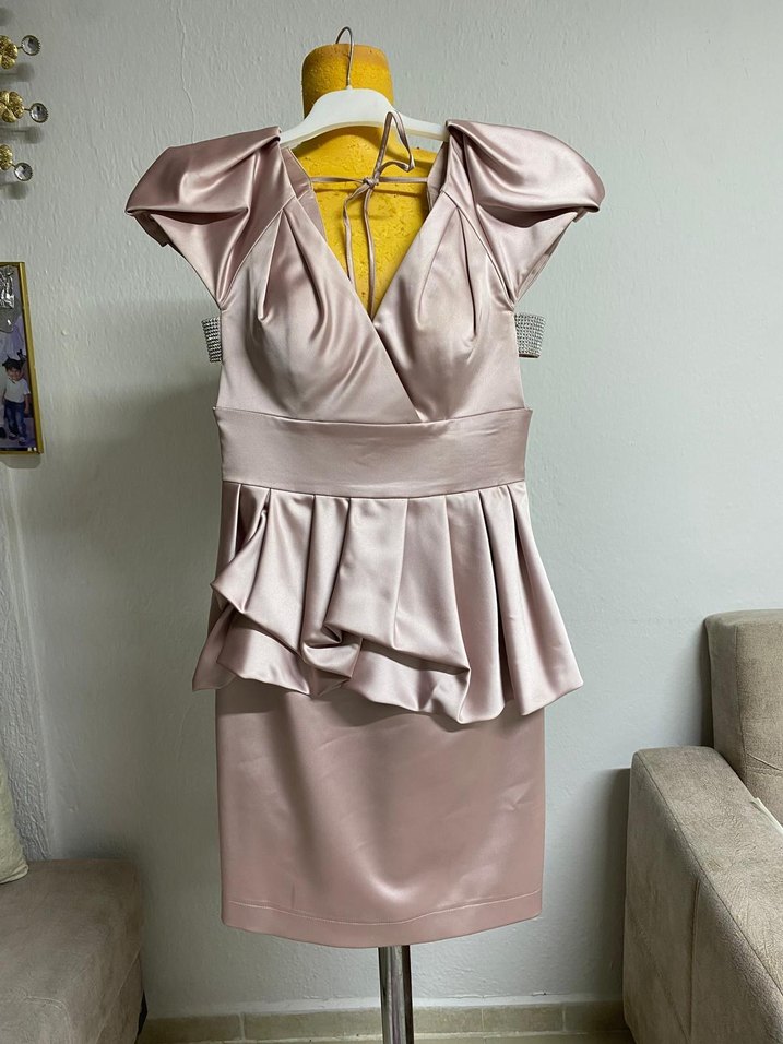 Bej Drapeli Mini V Yaka Abiye Elbise - Görsel 2