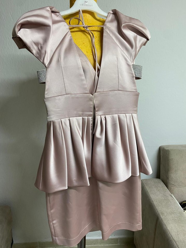 Bej Drapeli Mini V Yaka Abiye Elbise - Görsel 3