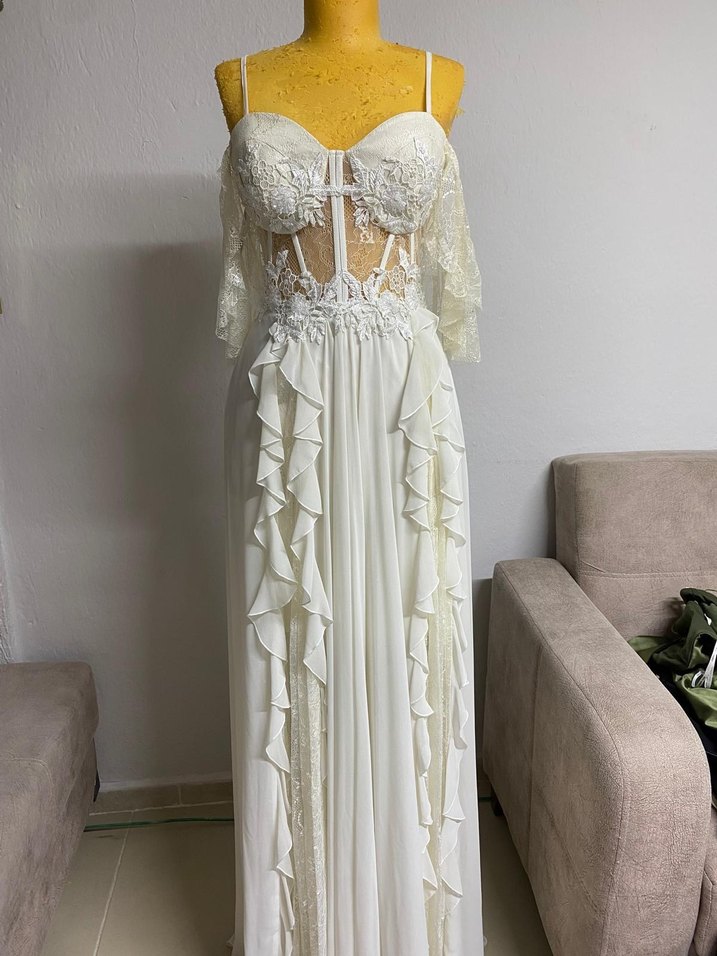 Dantel Detaylı Bohem Beyaz Uzun Gelinlik - Görsel 2