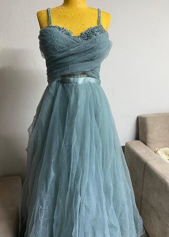 Nakışlı Mavi Uzun Drapeli Nişan Elbisesi - Görsel 2