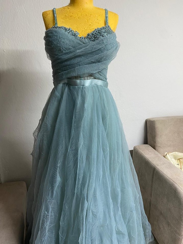 Nakışlı Mavi Uzun Drapeli Nişan Elbisesi - Görsel 2