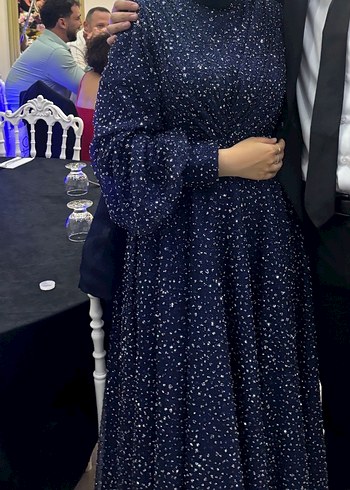 Lacivert Uzun Kol Drapeli Tesettür Elbise - Görsel 2