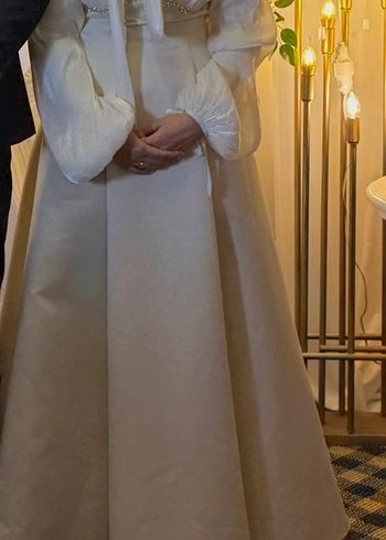 Drapeli Uzun Kollu Krem Elbise - Görsel 6