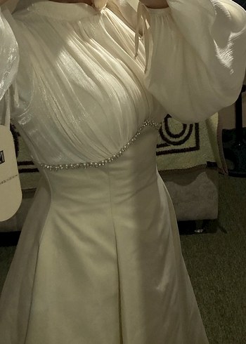 Drapeli Uzun Kollu Krem Elbise - Görsel 3