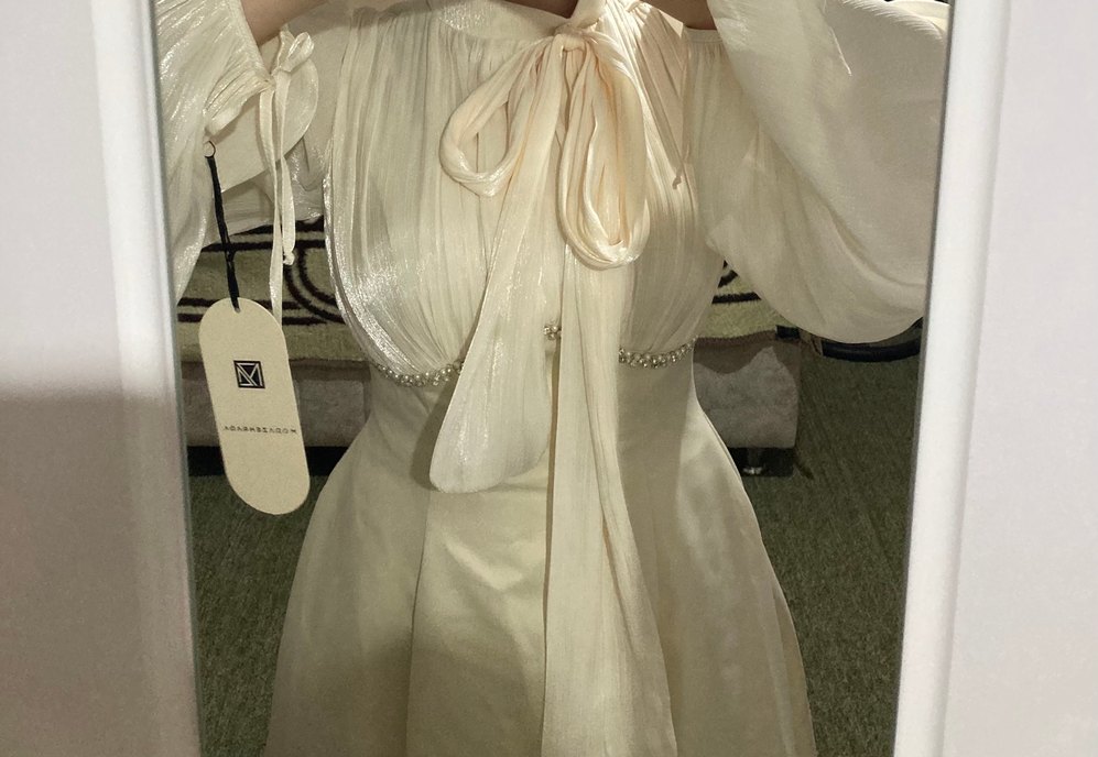 Drapeli Uzun Kollu Krem Elbise - Görsel 4