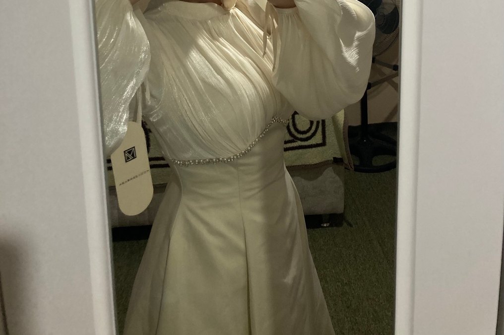 Drapeli Uzun Kollu Krem Elbise - Görsel 3