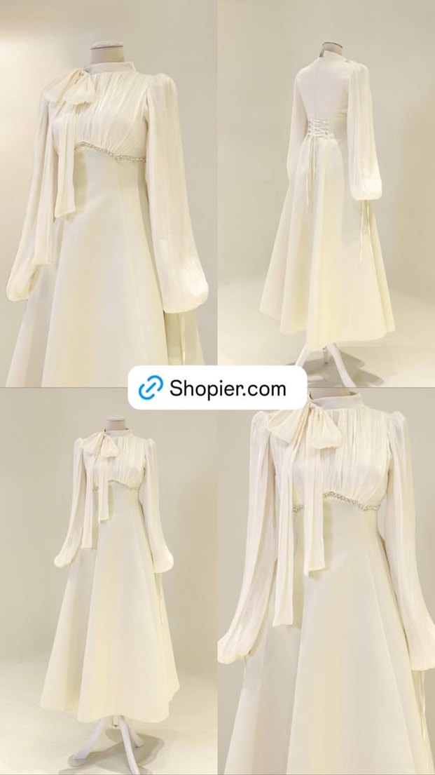 Drapeli Uzun Kollu Krem Elbise - Görsel 5