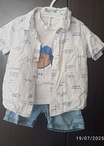 Beyaz Baskılı Denim Erkek Bebek Takım