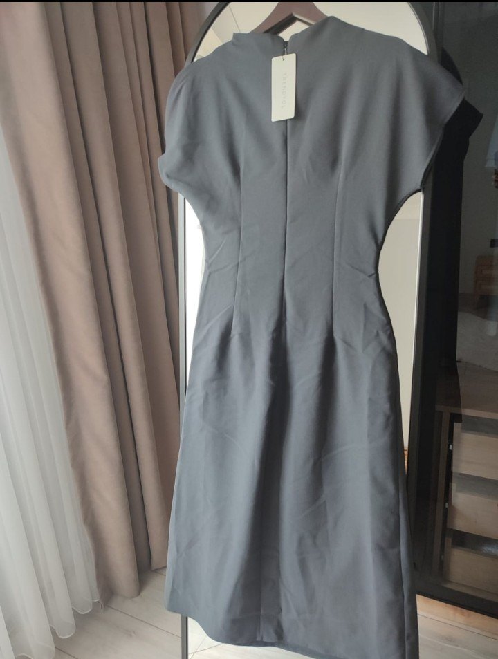 Antrasit V Yaka Drapeli Midi Elbise - Görsel 2