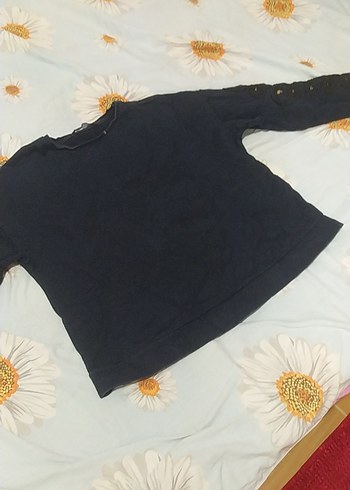 lacivert düz yaka pamuklu kolları taslı üst