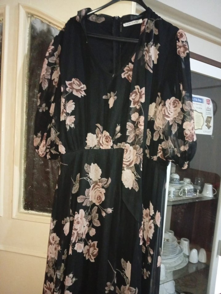 Çiçek Desenli Siyah Uzun Bohem Elbise - Görsel 2