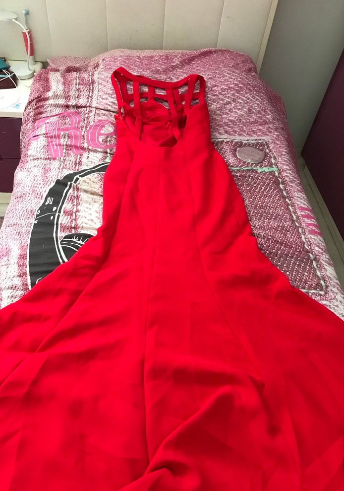 Kırmızı Drapeli Uzun Abiye Elbise - Görsel 2