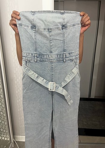 Trendyol & Milla Kadın Gri Kot Straplez Midi Tulum