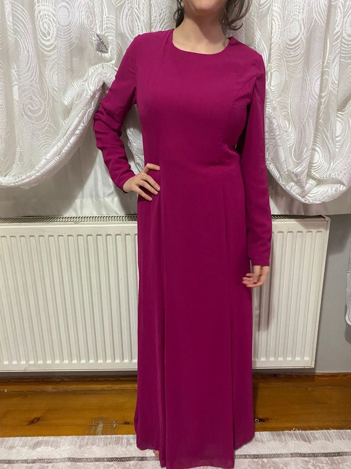 pembe  Uzun Kollu Dökümlü elbise - Görsel 4