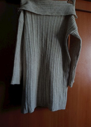 Gri Bohem Yaka Katlamalı Triko Elbise - Görsel 3