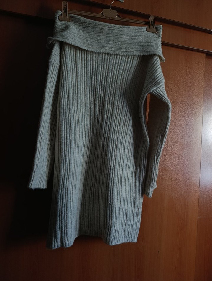 Gri Bohem Yaka Katlamalı Triko Elbise - Görsel 2