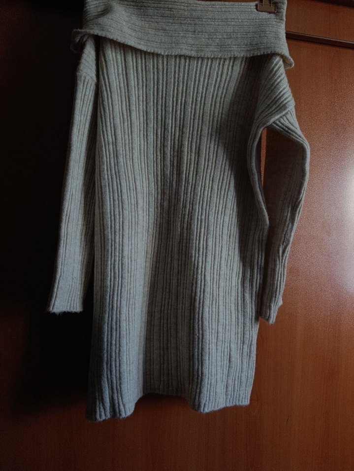 Gri Bohem Yaka Katlamalı Triko Elbise - Görsel 3