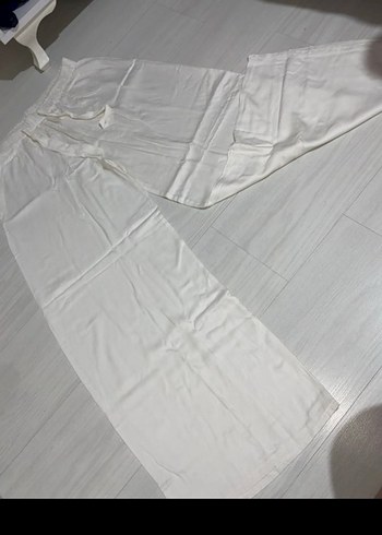 Beyaz Kadın Keten Bol Paça Pantolon - Görsel 2