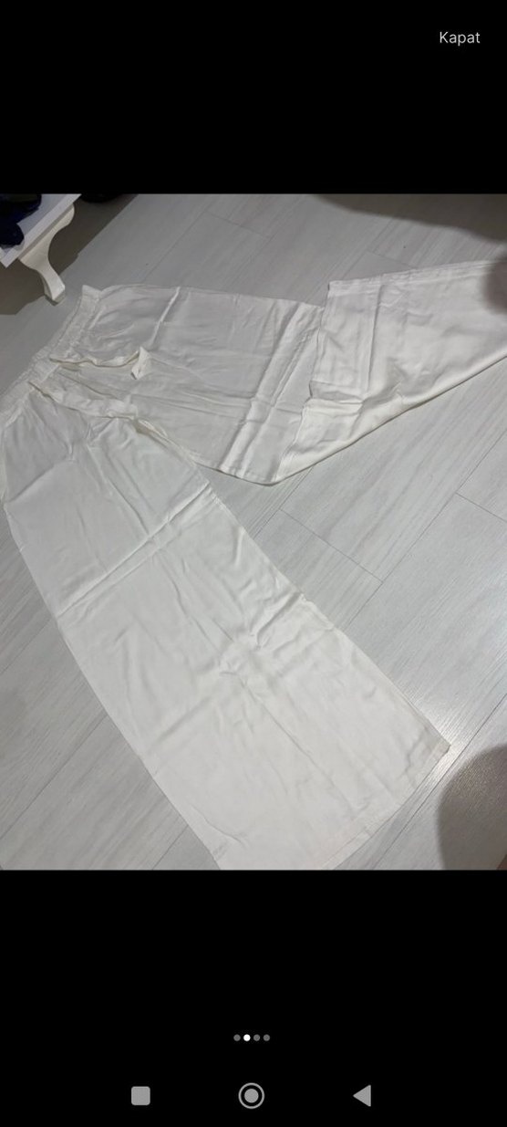 Beyaz Kadın Keten Bol Paça Pantolon - Görsel 2