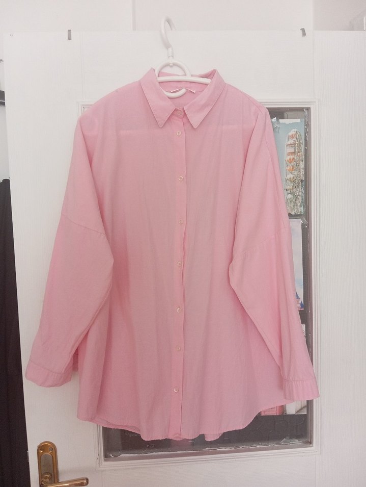 Pembe pamuklu Gömlek, Uzun Kollu, Rahat Kesim - Görsel 3
