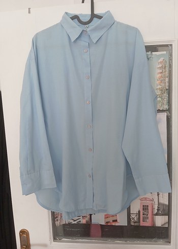 Mavi pamuklu Düğmeli Uzun Kollu Gömlek - Görsel 3