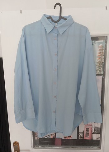 Mavi pamuklu Düğmeli Uzun Kollu Gömlek - Görsel 4