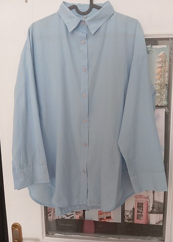 Mavi pamuklu Düğmeli Uzun Kollu Gömlek - Görsel 2